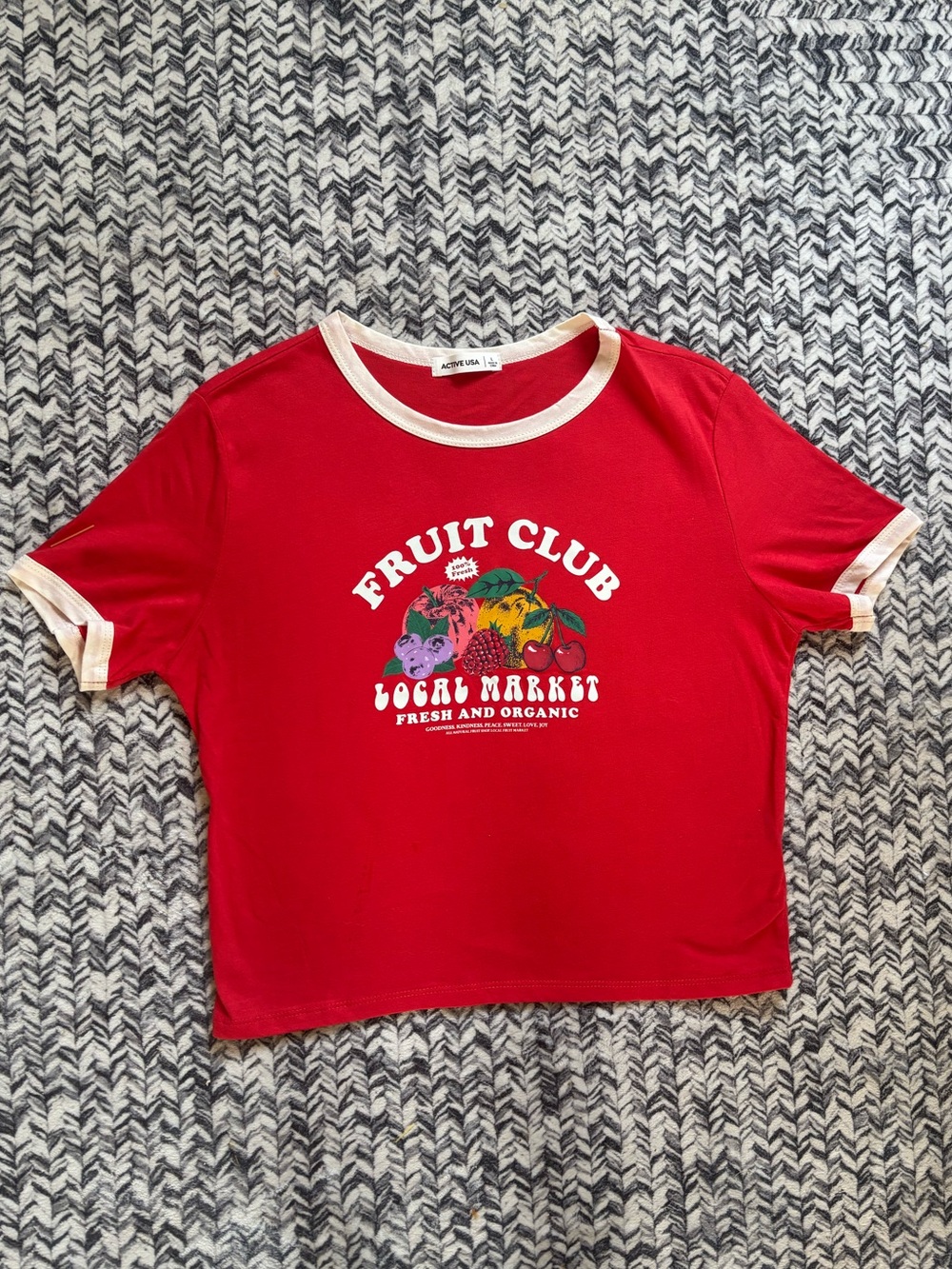 Women’s Medium/ Large Red Fruit Graphic Ringer Baby Tee Shirt 100% Cotton